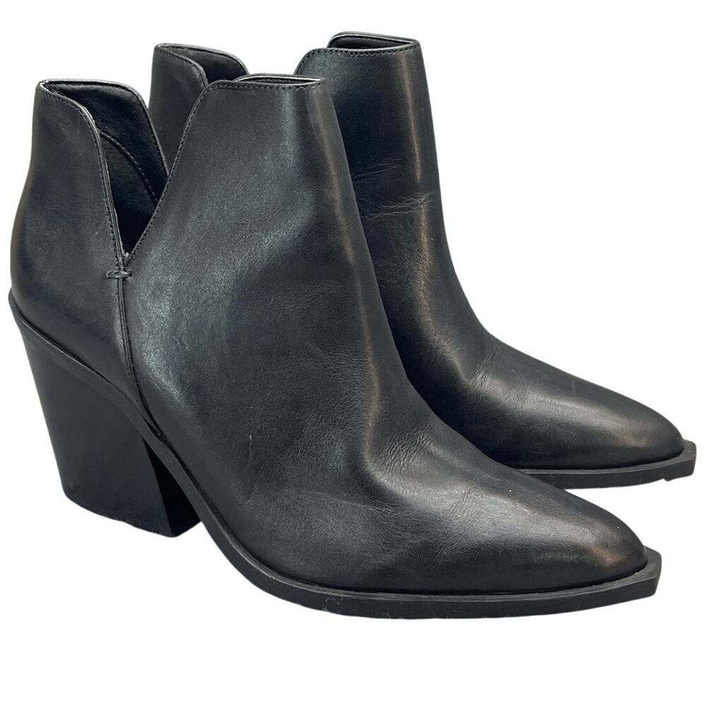 Gianni Bini Soft Black Leather Western Block Heel V Cut Ankle Bootie Women 8